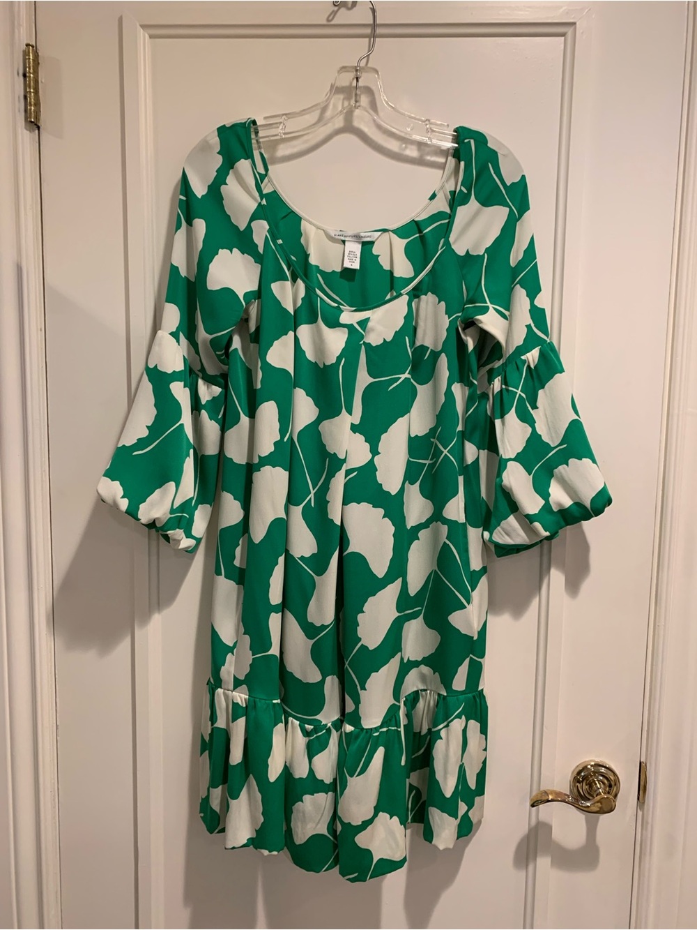 Diane Von Furstenberg Green and White Ginko Print Silk Dress